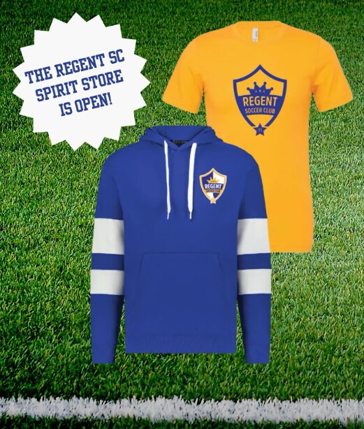 Regent SC Spirit Store is open — gold Regent tee and blue Regent hoodie on a grass background